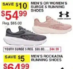 Dunham's Sports Under Armour men's or women's surge 5 running shoes offer