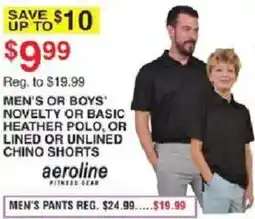 Dunham's Sports Aeroline Men's or Boys' Novelty or Basic Heather Polo, or Lined or Unlined Chino Shorts offer