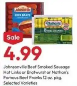 Stater Bros Johnsonville Beef Smoked Sausage Hot Links or Bratwurst or Nathan's Famous Beef Franks offer