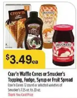 Bashas' Crav'n Waffle Cones or Smucker's Topping, Fudge, Syrup or Fruit Spread offer