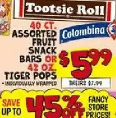 Ollie's Colombina assorted fruit snack bars or tiger pops offer