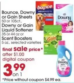 Giant Eagle Bounce, Downy or Gain Sheets or Downy or Gain Liquid Softener or Scent Boosters offer