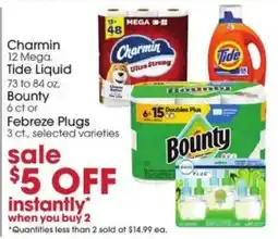 Giant Eagle Charmin, Tide Liquid, Bounty, Febreze Plugs offer