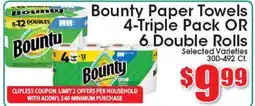 Supremo Foods Inc BOUNTY PAPER TOWELS 4-Triple Pack OR 6 Double Rolls offer