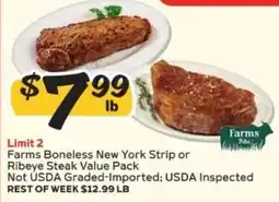 Winn Dixie Farms Boneless New York Strip or Ribeye Steak Value Pack offer