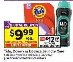 Giant Food Tide Downy or Bounce Laundry Care offer