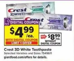 Giant Food Crest 3D White Toothpaste offer