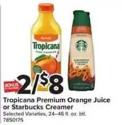 Giant Food Tropicana Premium Orange Juice or Starbucks Creamer offer