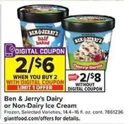 Giant Food Ben & Jerry's Dairy or Non-Dairy Ice Cream offer