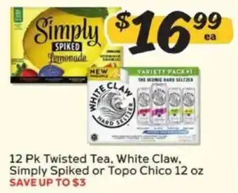 12 Pk Twisted Tea, White Claw, Simply Spiked or Topo Chico