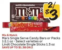 Winn Dixie Mix & Match Mars Single Serve Candy Bars or Packs or Lindt Chocolate Single Sticks offer