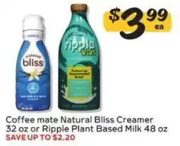 Winn Dixie Coffee mate Natural Bliss Creamer or Ripple Plant Based Milk offer