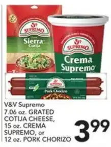 Pete's Fresh Market V&V Supremo Grated Cotija Cheese, Crema Supremo or Pork Chorizo offer