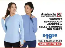 Big 5 Avalanche women's sun full-zip jackets or celeste hooded sun shirts offer
