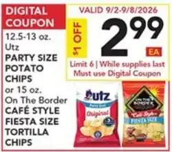 Pete's Fresh Market Utz party size potato chips or on the border cafe style fiesta size tortilla chips offer