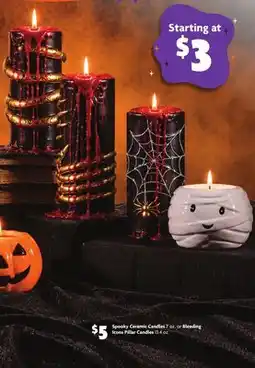 Family Dollar Spooky Ceramic Candles 7 oz. or Bleeding Icons Pillar Candles 13.4 oz offer