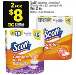 Dollar General Scott Bath Tissue Comfort Plus 12 Family rolls or Soft Lavender 6 rolls offer