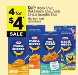 Dollar General Kraft Original 7.25 oz., Thick & Creamy 7.25 oz., Spirals 5.5 oz., or SpongeBob 5.5 oz offer