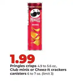 Hy-Vee Pringles crisps 4.9 to 5.6 oz., Club minis or Cheez-It crackers canisters offer