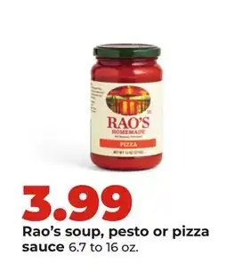 Hy-Vee Rao's soup, pesto or pizza sauce offer