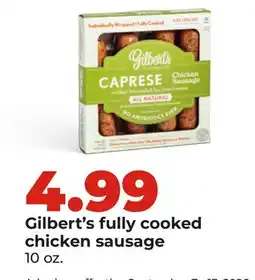 Hy-Vee Gilbert's fully cooked chicken sausage offer
