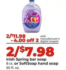 Hy-Vee Irish Spring bar soap 8 ct. or SoftSoap hand soap offer