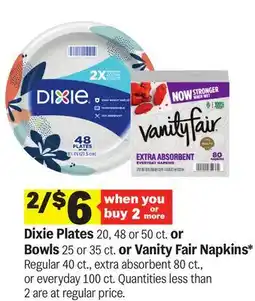 Meijer Dixie Plates 20, 48 or 50 ct. or Bowls 25 or 35 ct. or Vanity Fair Napkins offer