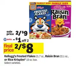 Meijer Kellogg's Frosted Flakes 21.7 oz., Raisin Bran 22.1 oz., or Rice Krispies* 18 oz. box offer