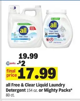 Meijer all Free & Clear Liquid Laundry Detergent 154 oz. or Mighty Packs offer