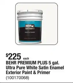 The Home Depot BEHR PREMIUM PLUS 5 gal. Ultra Pure White Satin Enamel Exterior Paint & Primer offer