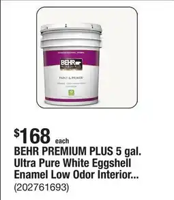 The Home Depot BEHR PREMIUM PLUS 5 gal. Ultra Pure White Eggshell Enamel Low Odor Interior Paint & Primer offer