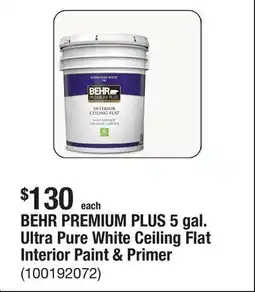 The Home Depot BEHR PREMIUM PLUS 5 gal. Ultra Pure White Ceiling Flat Interior Paint & Primer offer