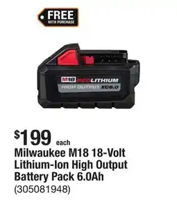 The Home Depot Milwaukee M18 18-Volt Lithium-Ion High Output Battery Pack 6.0Ah offer