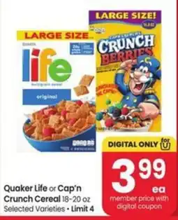 Safeway Quaker Life or Cap'n Crunch Cereal offer