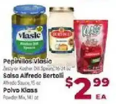 Cardenas Pepinillos Vlasic, Salsa Alfredo Bertolli, Polvo Klass offer