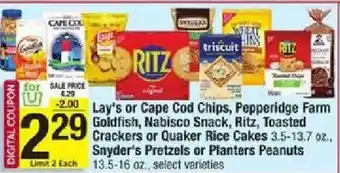 Lay's or Cape Cod Chips, Pepperidge Farm Goldfish, Nabisco Snack, Ritz, Toasted Crackers or Quaker Rice Cakes or Snyder's Pre
