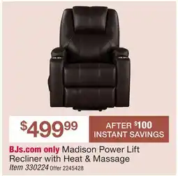 BJ’s Madison Power Lift Recliner with Heat & Massage offer