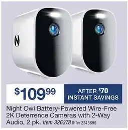 BJ’s Night Owl Battery-Powered Wire-Free 2K Deterrence Cameras with 2-Way Audio, 2 pk offer