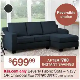 BJ’s Beverly Fabric Sofa – Navy OR Charcoal offer