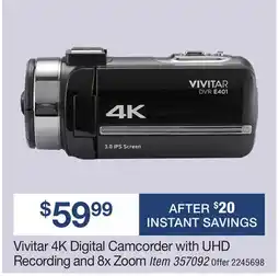BJ’s Vivitar 4K Digital Camcorder with UHD Recording and 8x Zoom offer