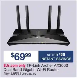 BJ’s TP-Link Archer AX3000 Dual Band Gigabit Wi-Fi Router offer