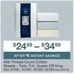 BJ’s 400-Thread-Count Cotton Sheets – Twin, Full, Queen OR King offer