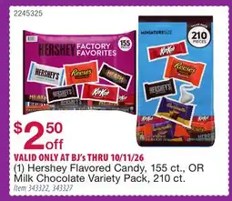 BJ’s (1) Hershey Flavored Candy, 155 ct., OR Milk Chocolate Variety Pack, 210 ct offer