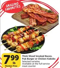 Albertsons Thick Sliced Smoked Bacon, Pub Burger or Chicken Kabobs offer