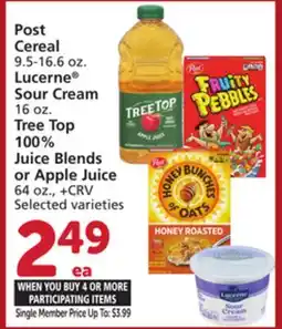 Albertsons Post Cereal 9.5-16.6 oz. Lucerne Sour Cream 16 oz. Tree Top 100% Juice Blends or Apple Juice 64 oz offer
