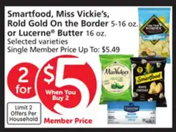 Albertsons Smartfood, Miss Vickie's, Rold Gold On the Border 5-16 oz. or Lucerne Butter 16 oz offer