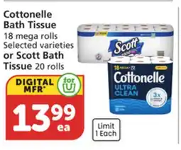 Vons Cottonelle Bath Tissue 18 mega rolls Selected varieties or Scott Bath Tissue 20 rolls offer