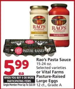 Vons Rao's Pasta Sauce or Vital Farms Pasture-Raised Large Eggs offer