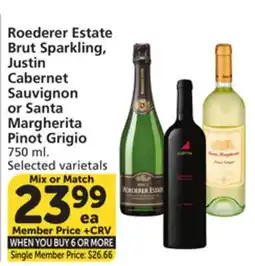 Vons Roederer Estate Brut Sparkling, Justin Cabernet Sauvignon or Santa Margherita Pinot Grigio offer