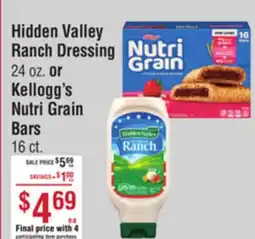 Smart & Final Hidden Valley Ranch Dressing 24 oz. or Kellogg's Nutri Grain Bars 16 ct offer